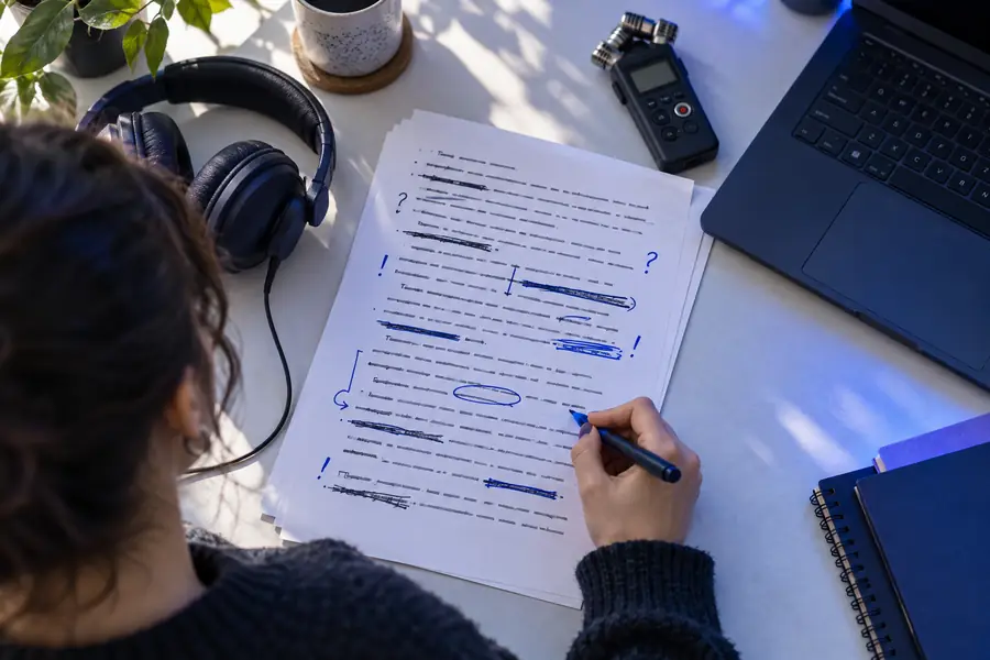 Unbearbeitetes Audiotranskript mit grober Zeichensetzung