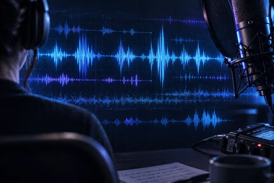 Audio-Wellenform mit sich überschneidenden Stimmen und Hintergrundgeräuschen