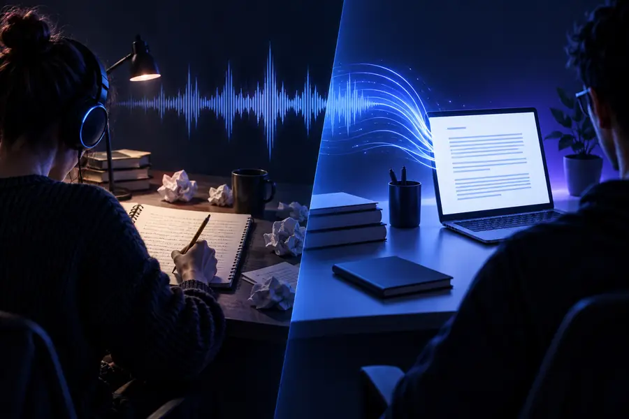 Transcrição estruturada com parágrafos legíveis e contexto dos falantes