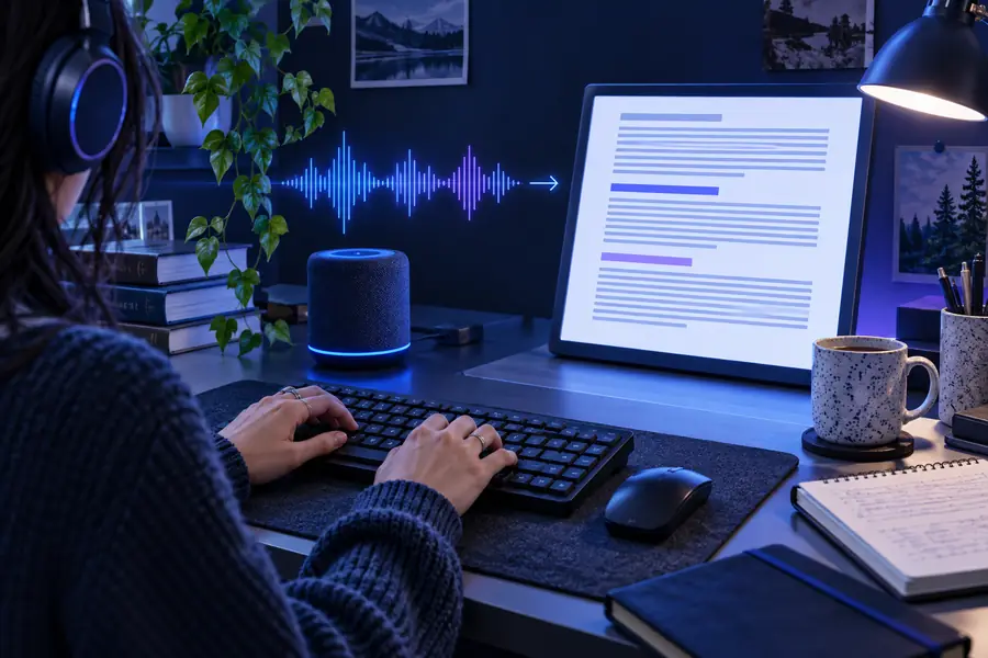 Espace d’exercices de saisie audio avec des mots prononcés et une transcription textuelle